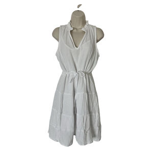 Joie White Gauze Lined 100% Cotton Sleeveless Ruffle Tie Waist V-Neck Dress MED